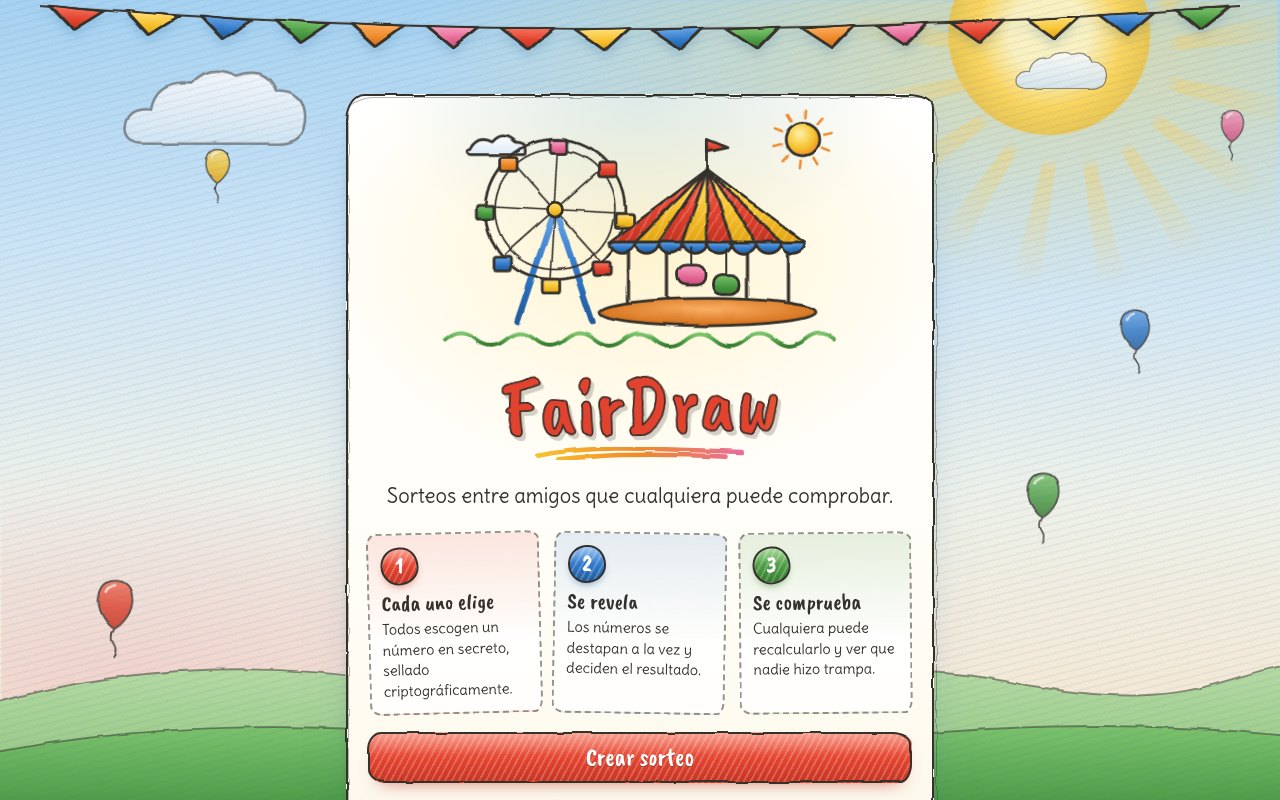 Captura de FairDraw: portada dibujada como una feria con lápices de colores, con noria, carrusel, banderines y globos, y los pasos Cada uno elige, Se revela y Se comprueba.